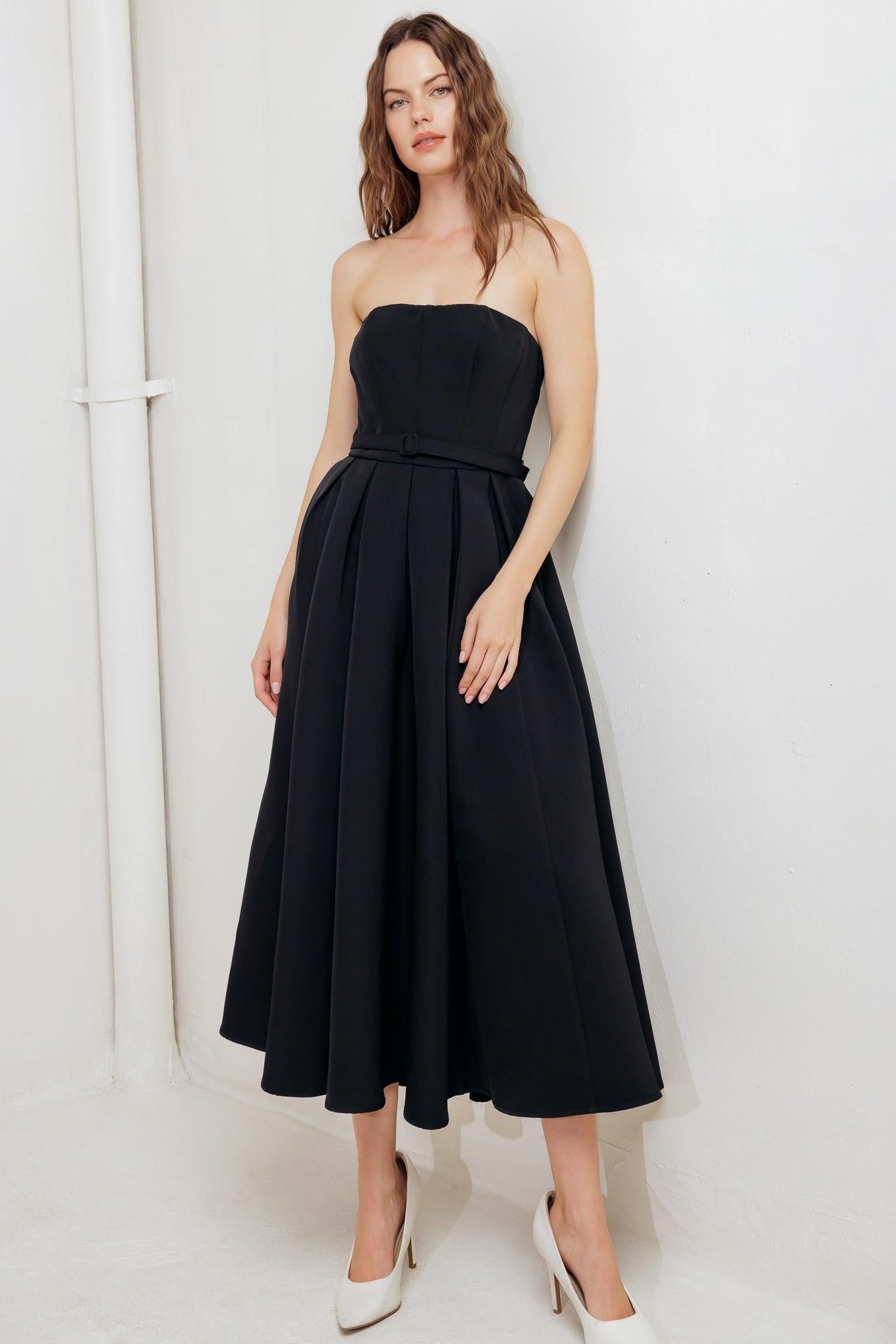 Black Tie Muse Woven Midi Dress, view 5 — Soul Flow Apparel