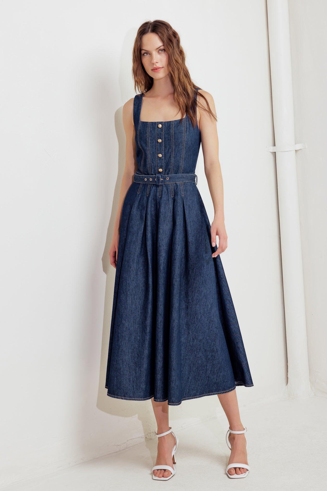 Moonlight Serenade Denim Midi Dress in indigo, view 1 — Soul Flow Apparel