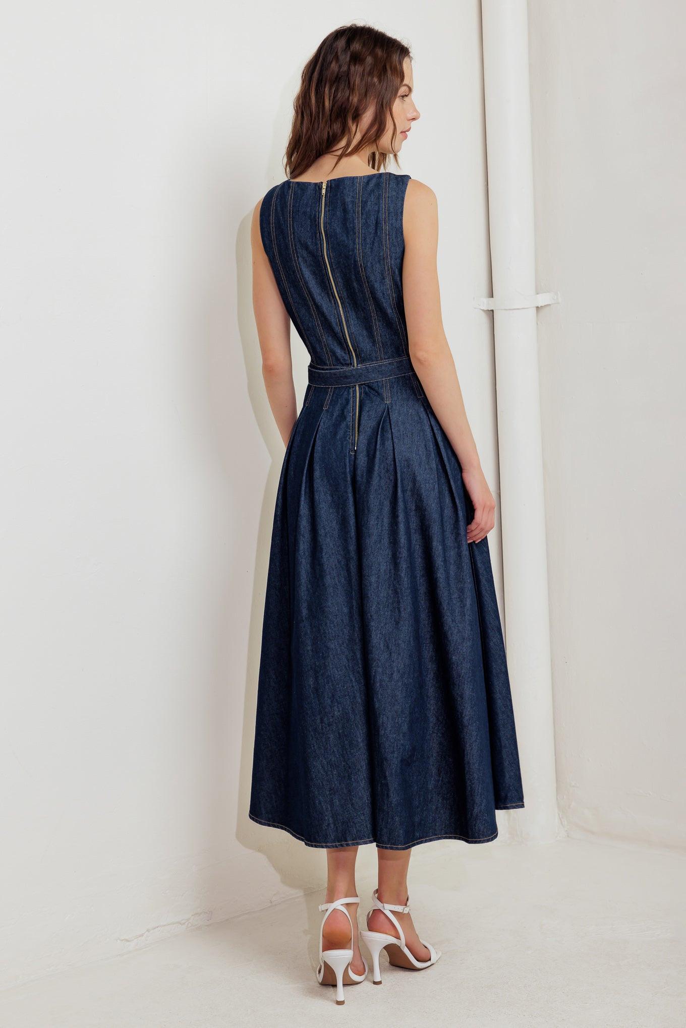 Moonlight Serenade Denim Midi Dress in indigo, view 2 — Soul Flow Apparel