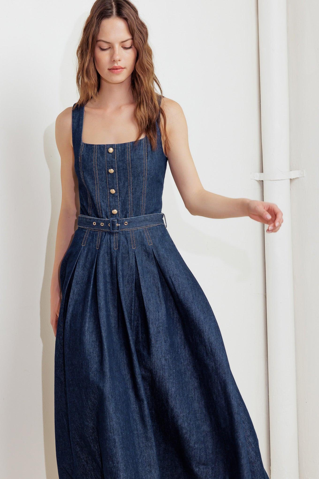Moonlight Serenade Denim Midi Dress in indigo, view 3 — Soul Flow Apparel