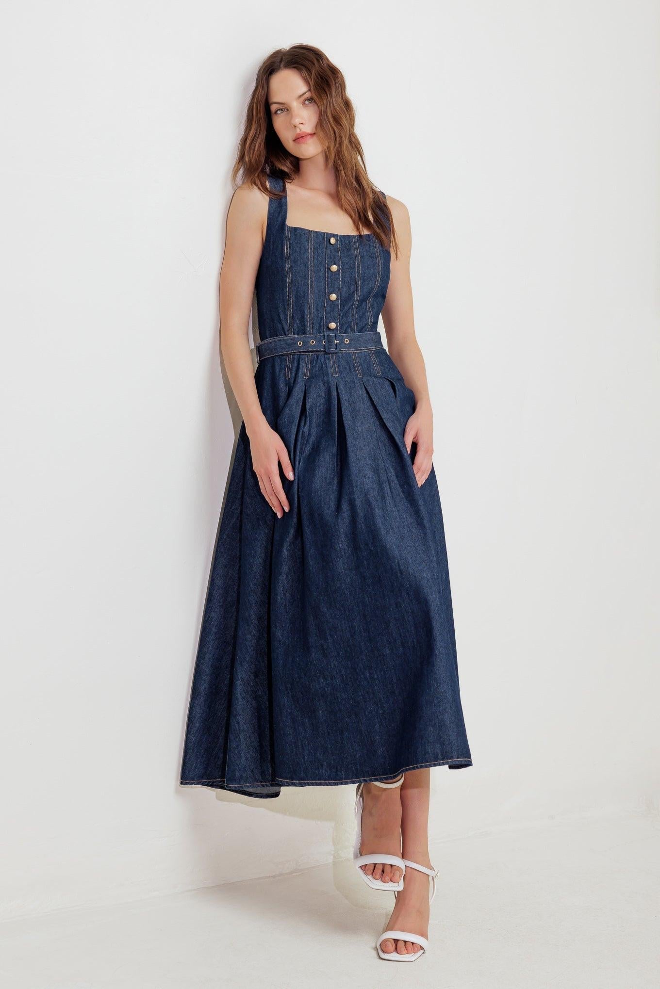 Moonlight Serenade Denim Midi Dress in indigo, view 4 — Soul Flow Apparel