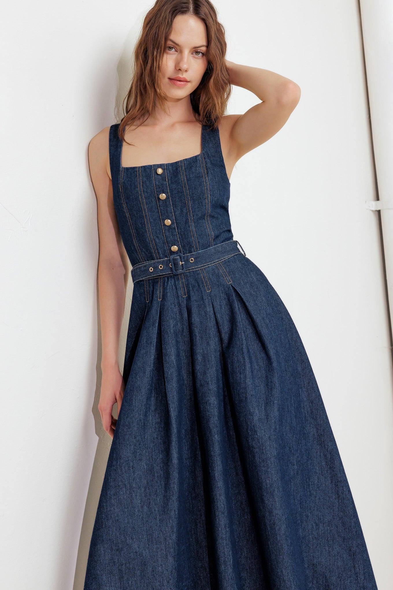 Moonlight Serenade Denim Midi Dress in indigo, view 6 — Soul Flow Apparel