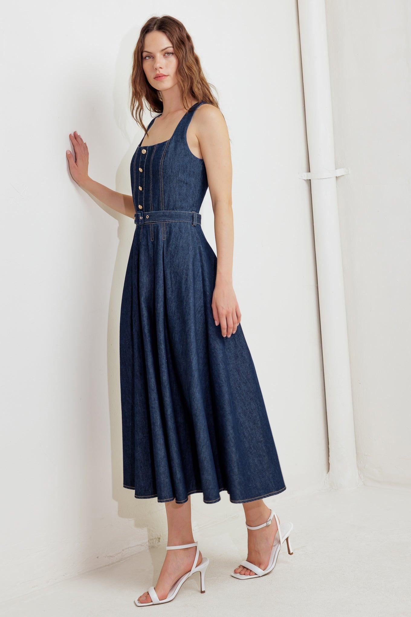 Moonlight Serenade Denim Midi Dress in indigo, view 7 — Soul Flow Apparel