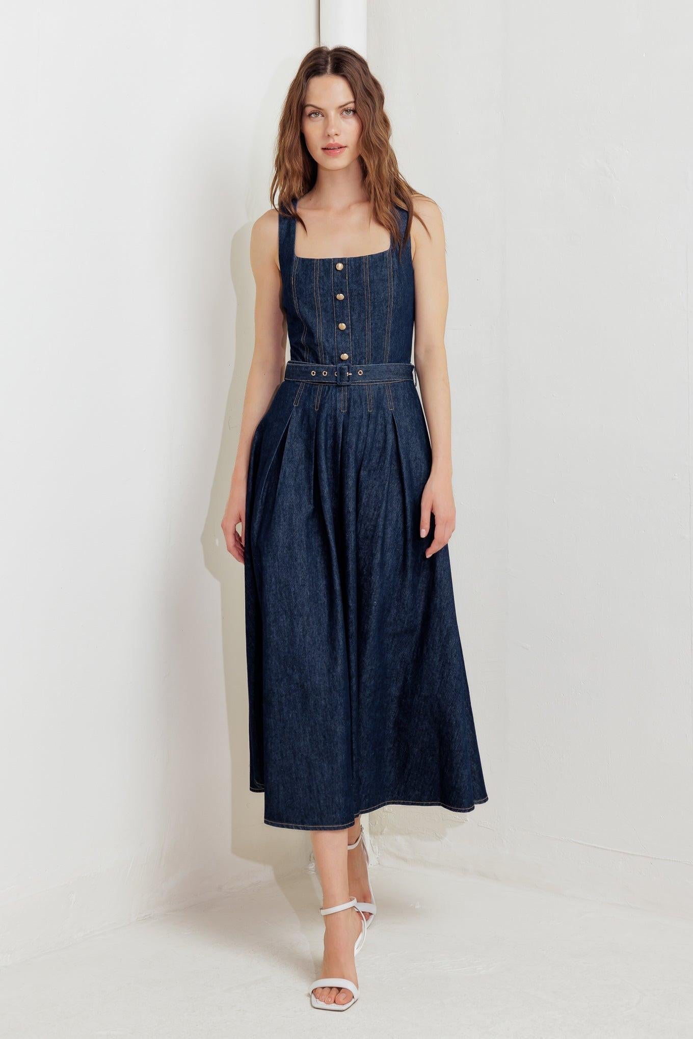Moonlight Serenade Denim Midi Dress in indigo, view 8 — Soul Flow Apparel