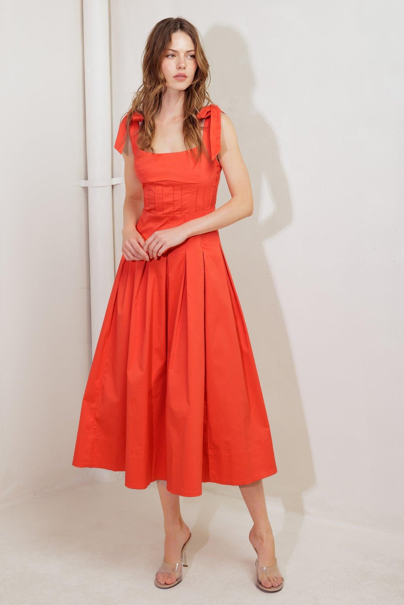 Gentle Shade Woven Midi Dress in coral red, view 1 — Soul Flow Apparel