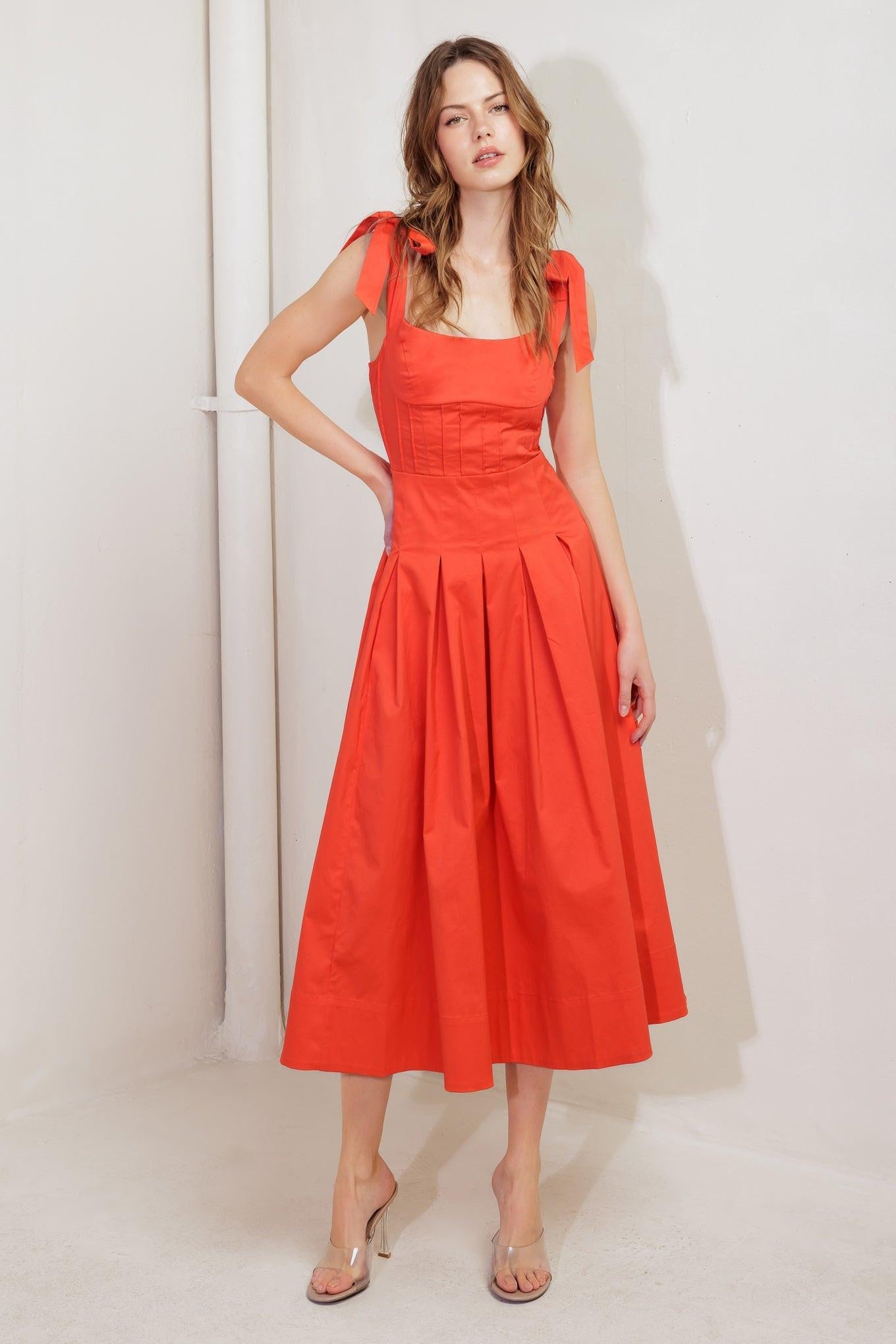 Gentle Shade Woven Midi Dress in coral red, view 2 — Soul Flow Apparel
