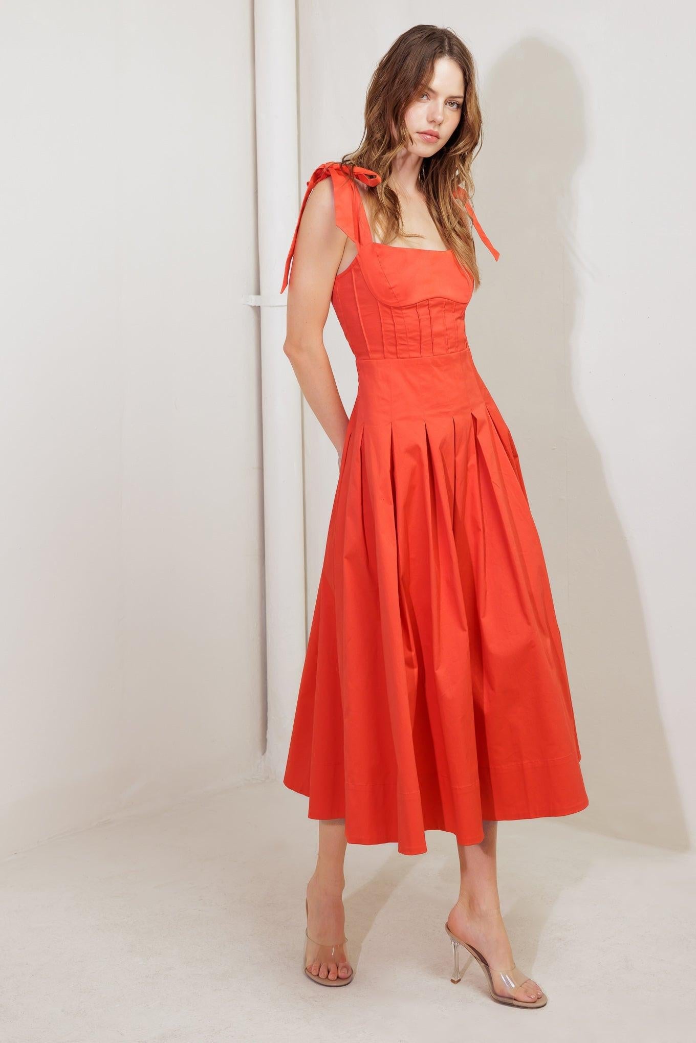 Gentle Shade Woven Midi Dress in coral red, view 3 — Soul Flow Apparel