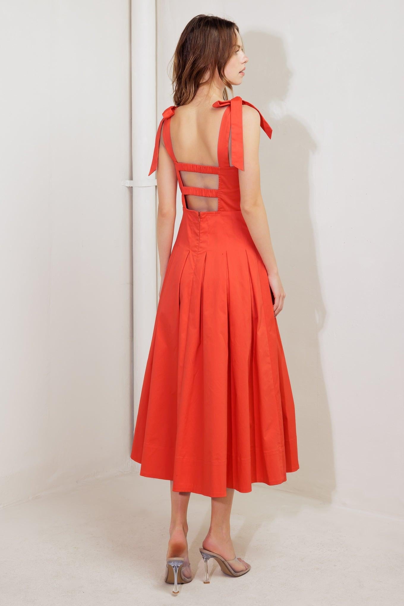 Gentle Shade Woven Midi Dress in coral red, view 4 — Soul Flow Apparel