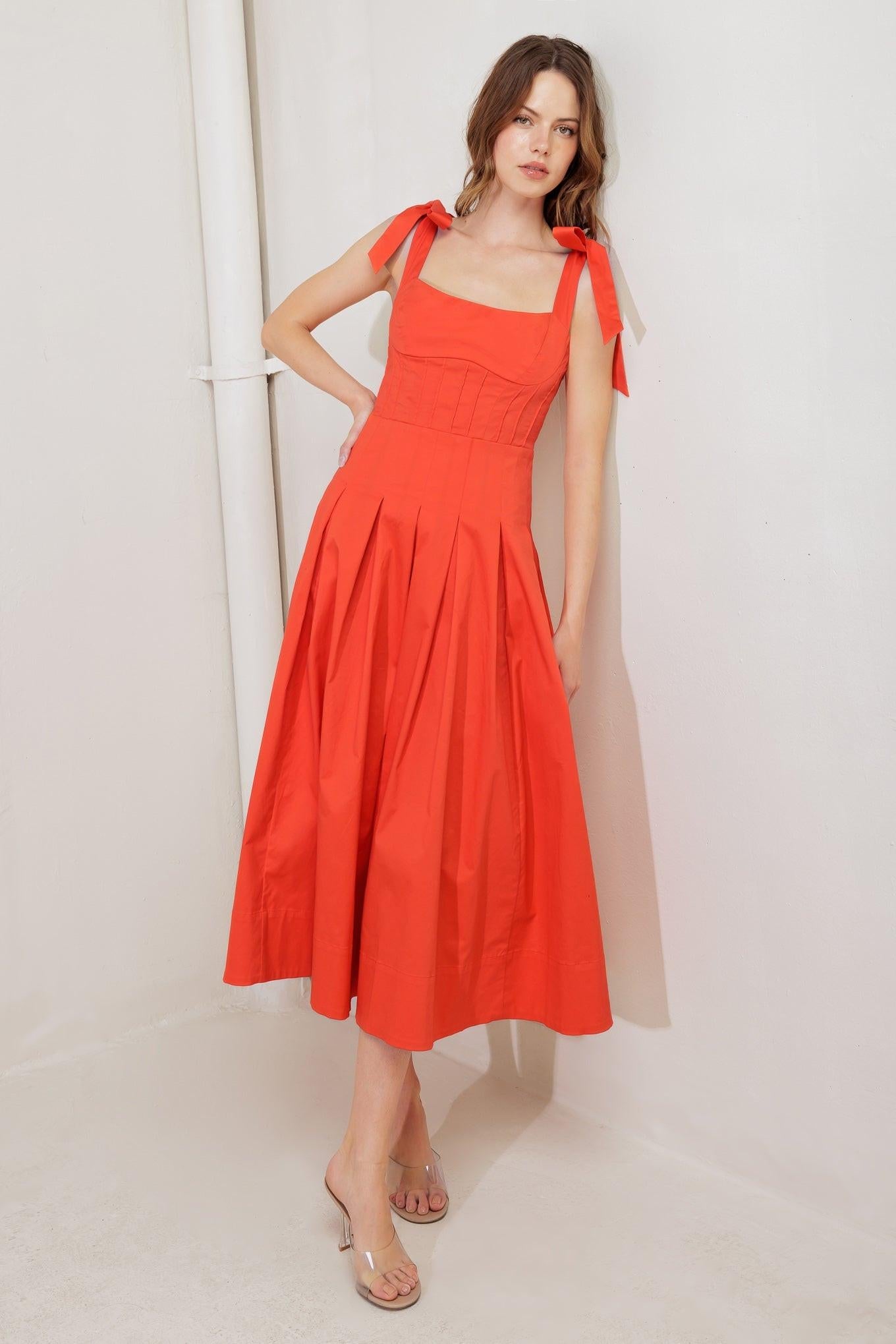 Gentle Shade Woven Midi Dress in coral red, view 5 — Soul Flow Apparel