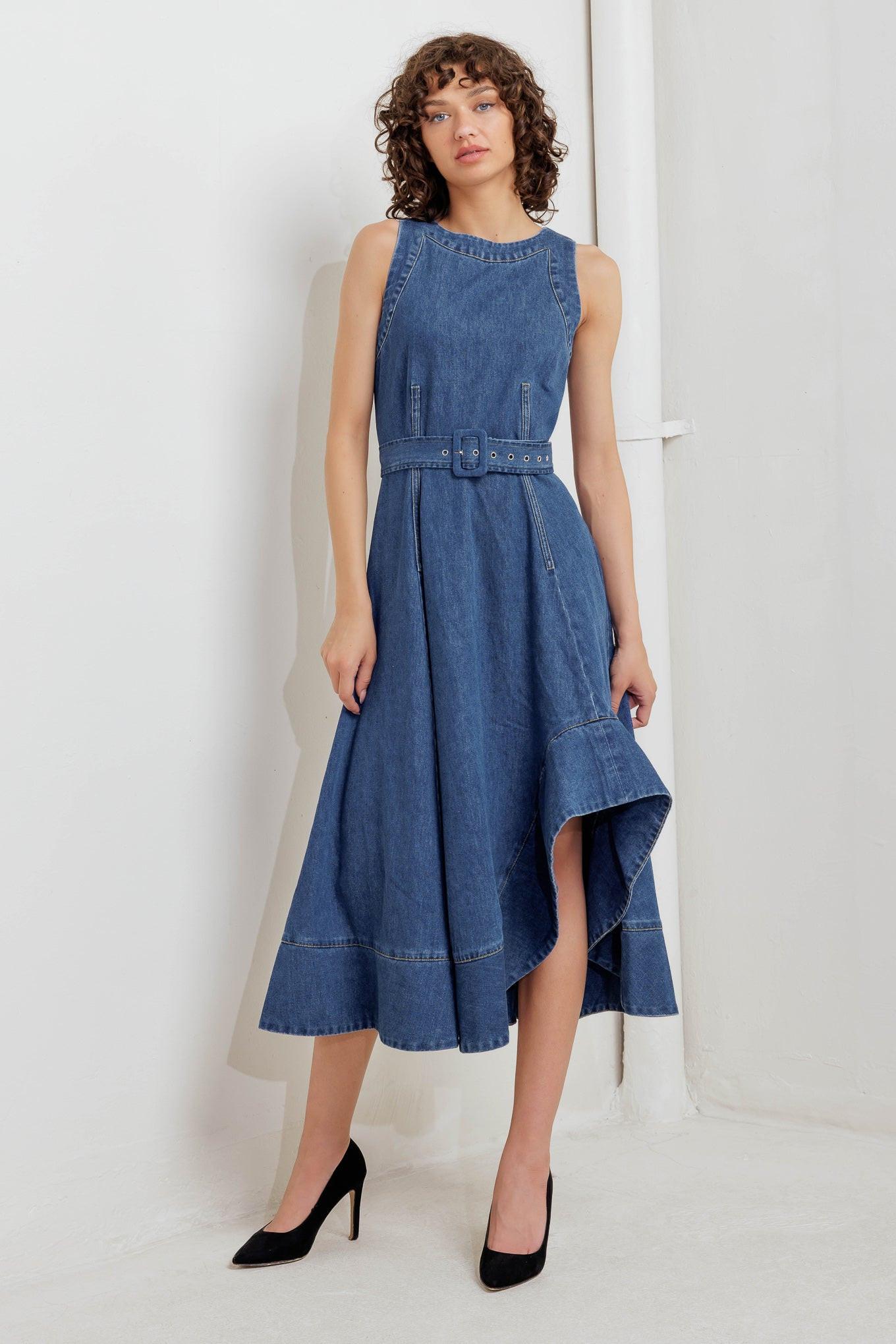 Poet’s Muse Denim Woven Midi Dress in indigo, view 1 — Soul Flow Apparel