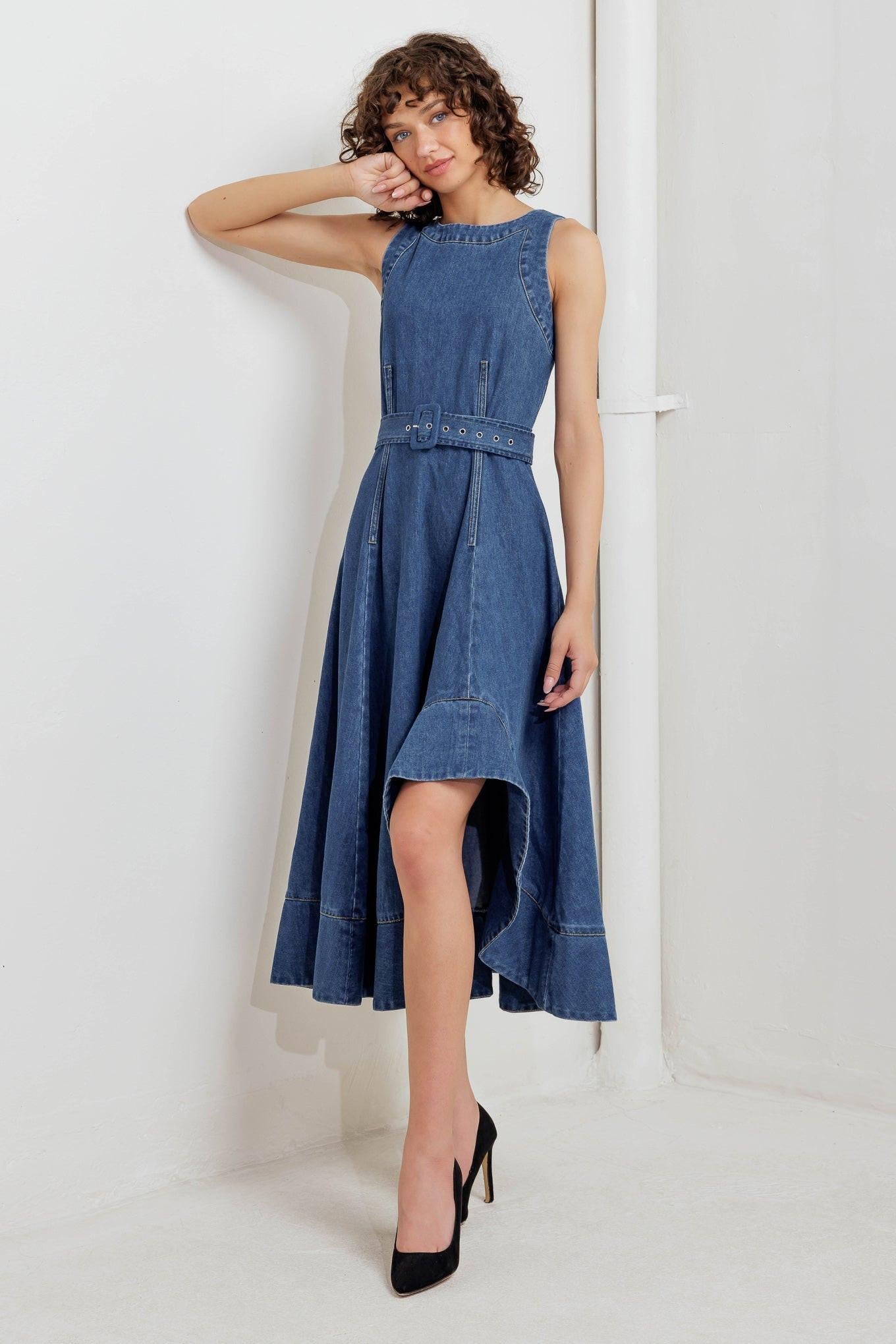 Poet’s Muse Denim Woven Midi Dress in indigo, view 2 — Soul Flow Apparel