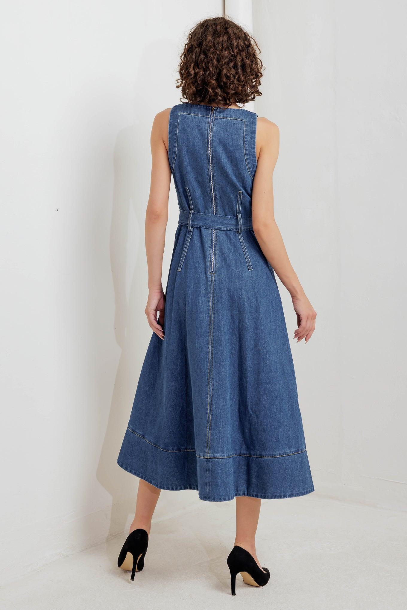 Poet’s Muse Denim Woven Midi Dress in indigo, view 3 — Soul Flow Apparel