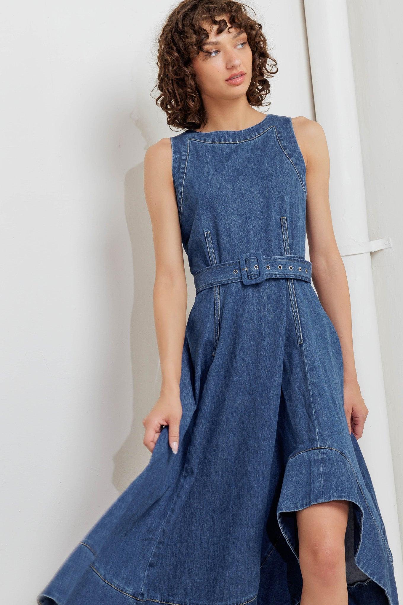 Poet’s Muse Denim Woven Midi Dress in indigo, view 4 — Soul Flow Apparel