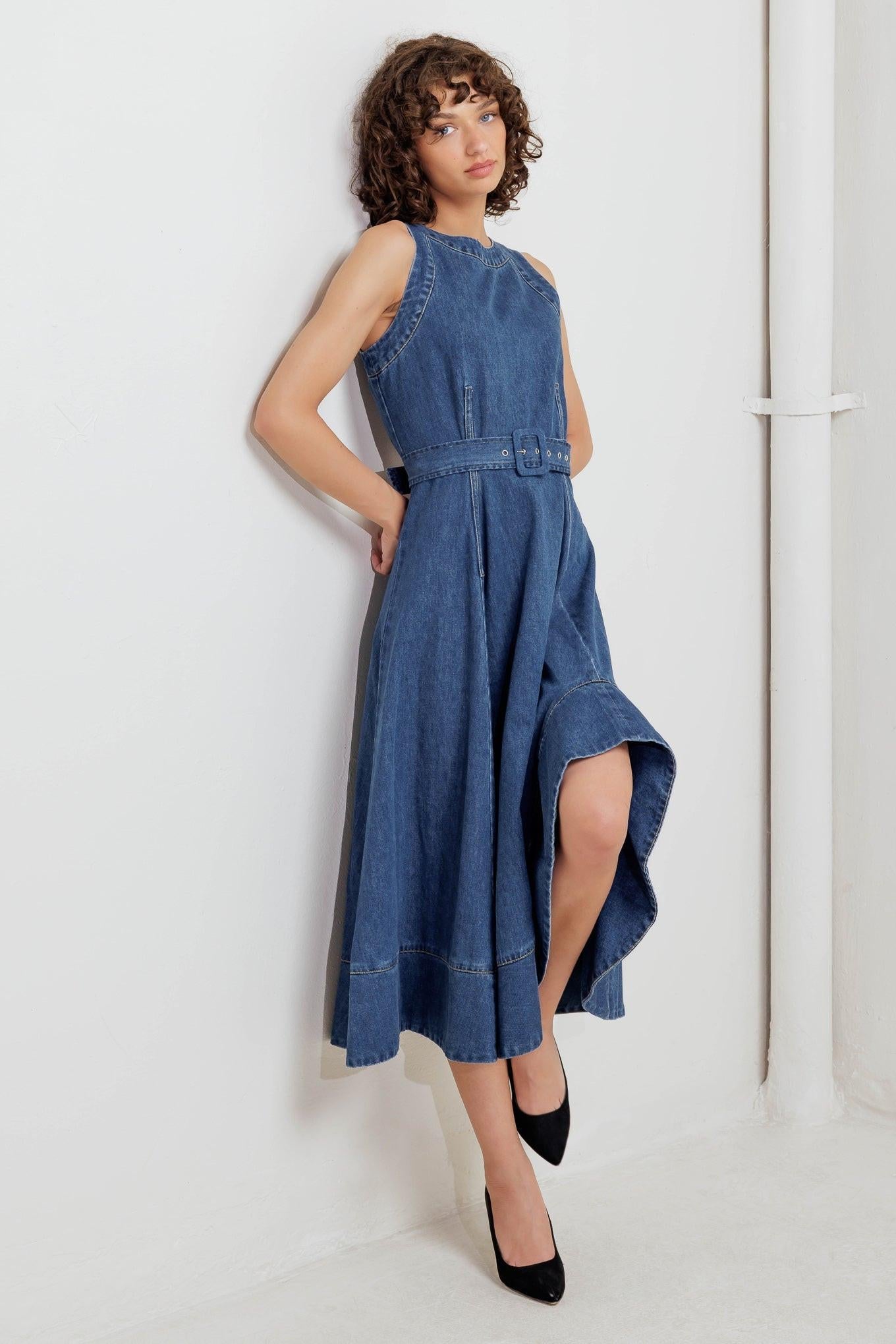 Poet’s Muse Denim Woven Midi Dress in indigo, view 5 — Soul Flow Apparel
