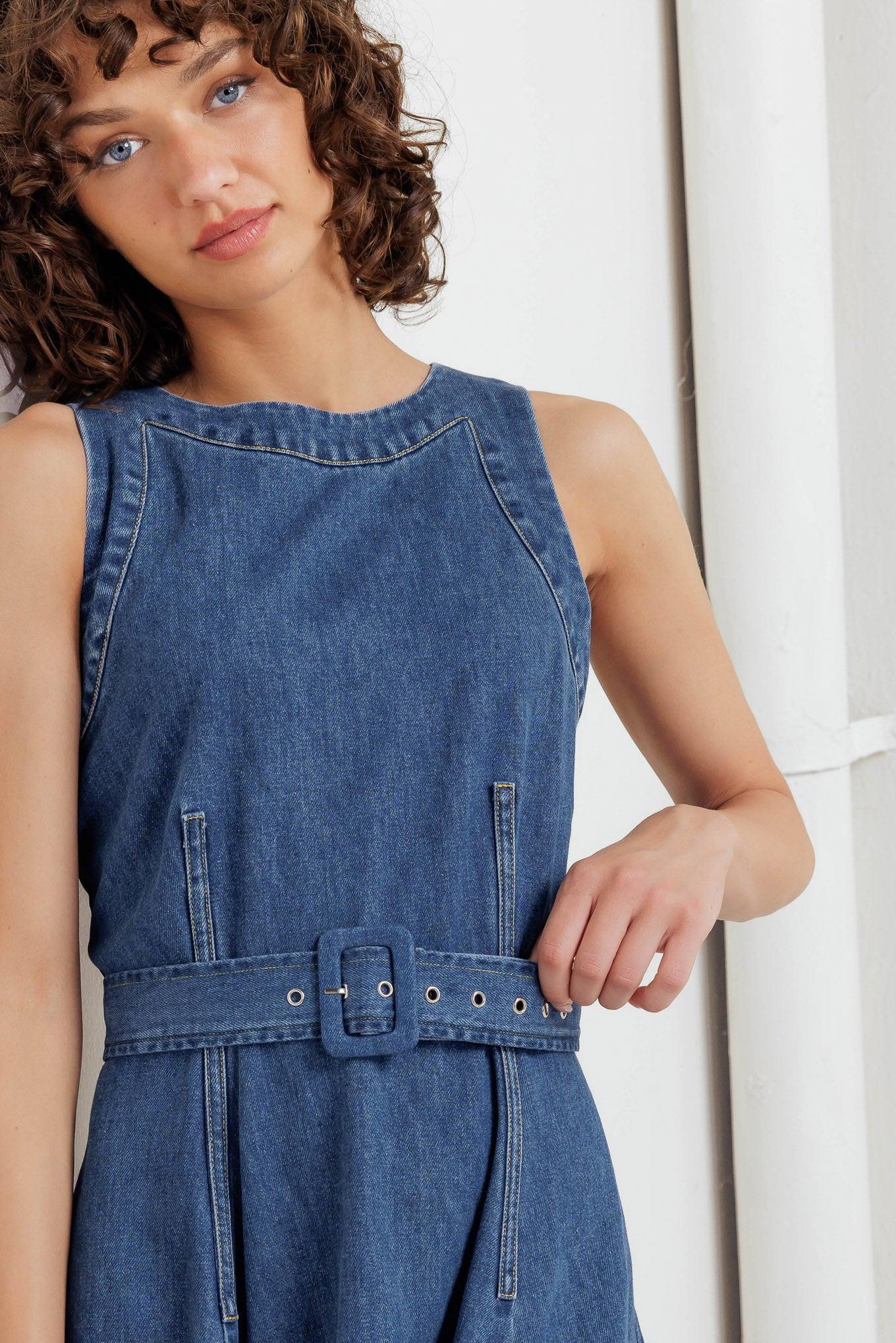 Poet’s Muse Denim Woven Midi Dress in indigo, view 6 — Soul Flow Apparel