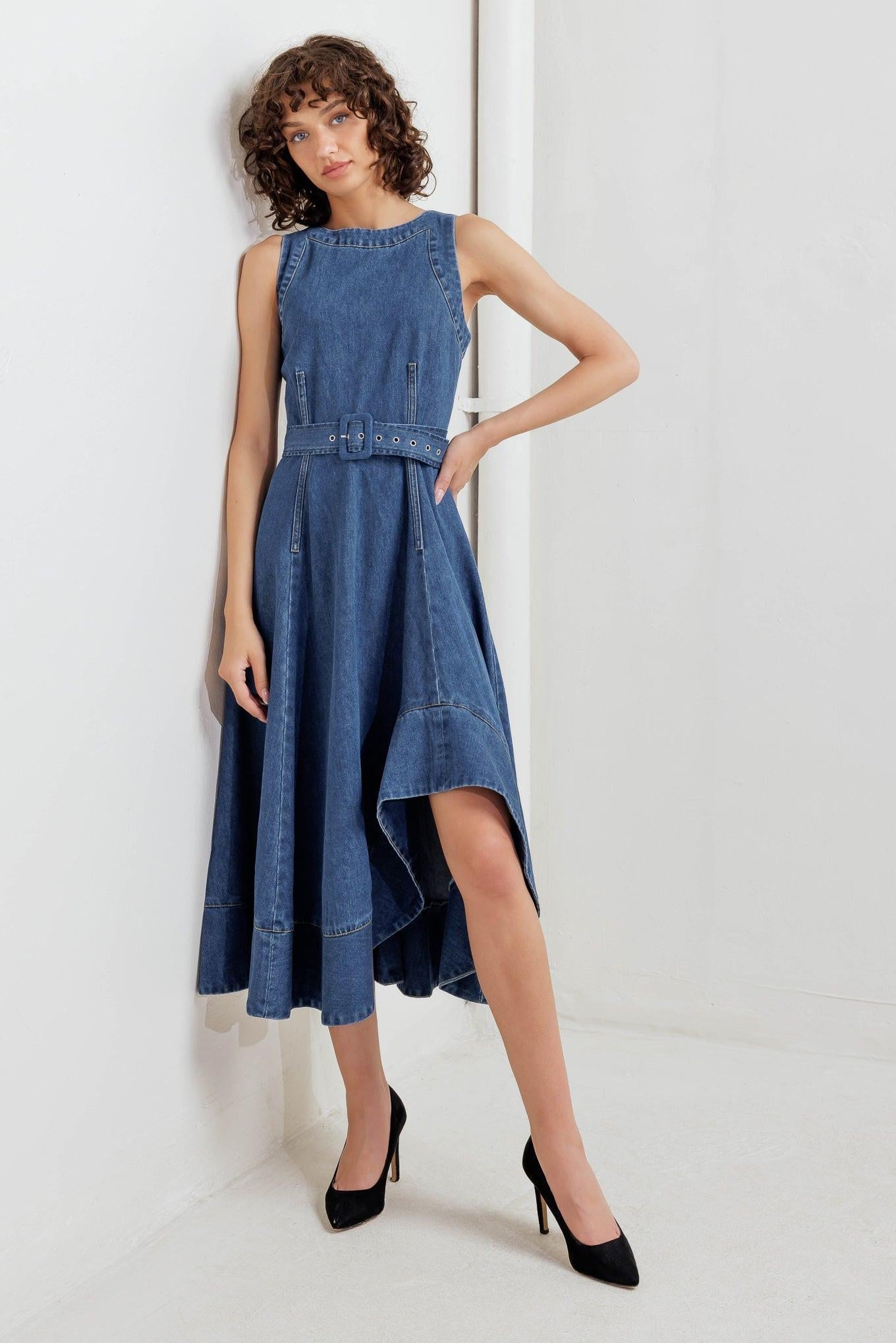 Poet’s Muse Denim Woven Midi Dress in indigo, view 7 — Soul Flow Apparel