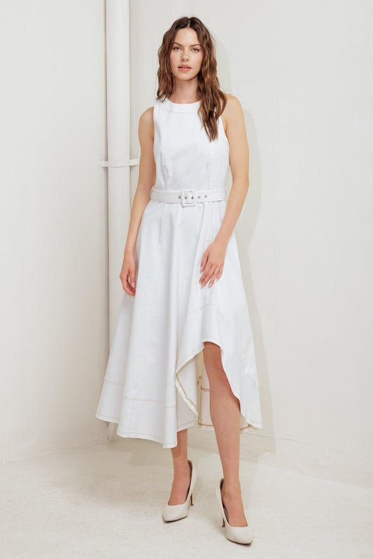 Poet’s Muse Woven Midi Dress in white, view 1 — Soul Flow Apparel