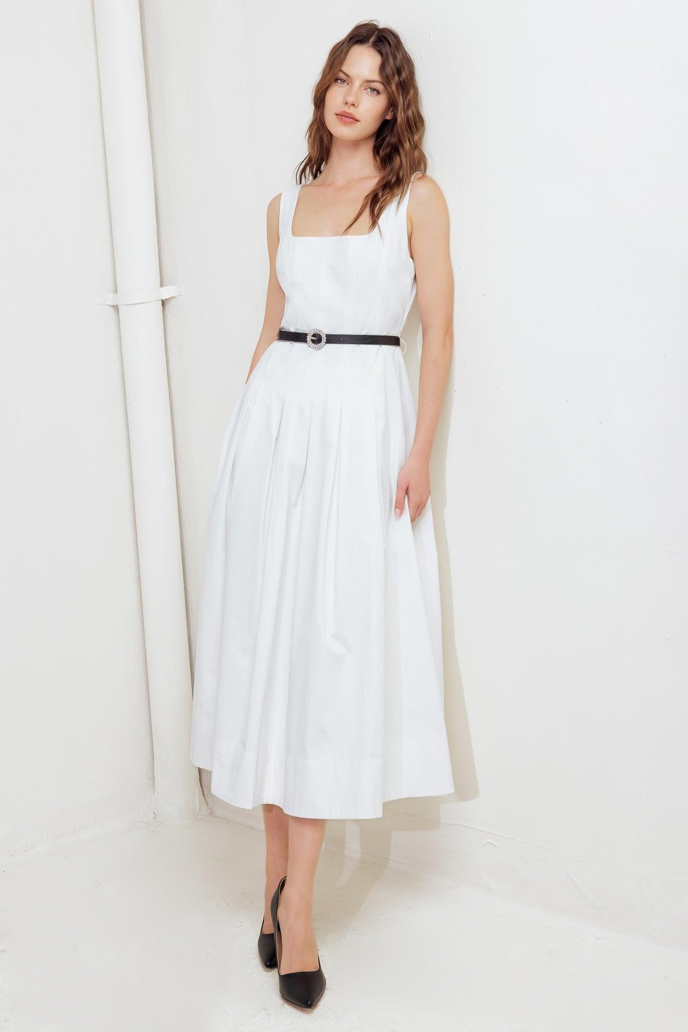 Sunday Reverie Woven Midi Dress in white, view 1 — Soul Flow Apparel