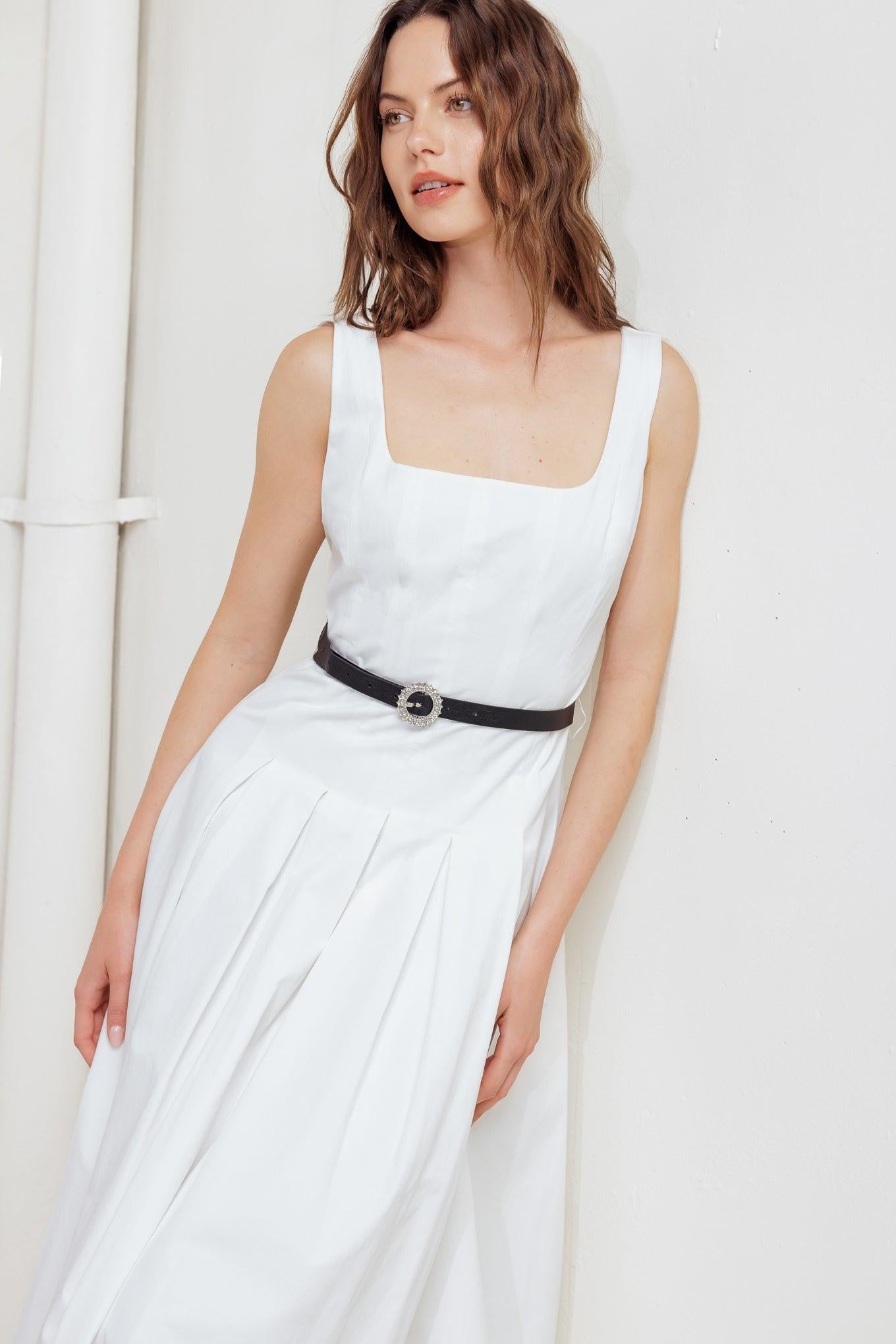 Sunday Reverie Woven Midi Dress in white, view 2 — Soul Flow Apparel