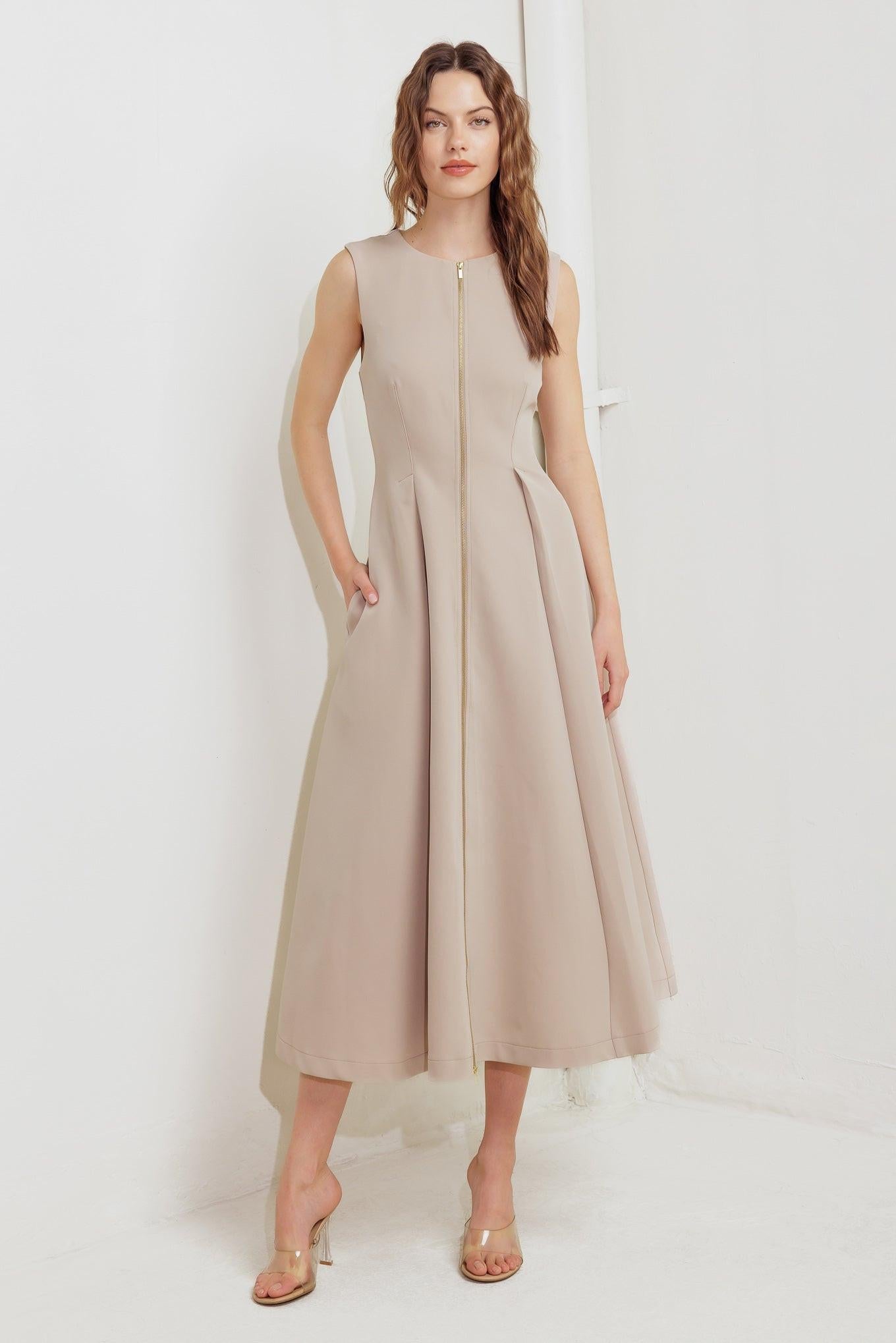 Zip & Flow Woven Midi Dress in light beige, view 1 — Soul Flow Apparel