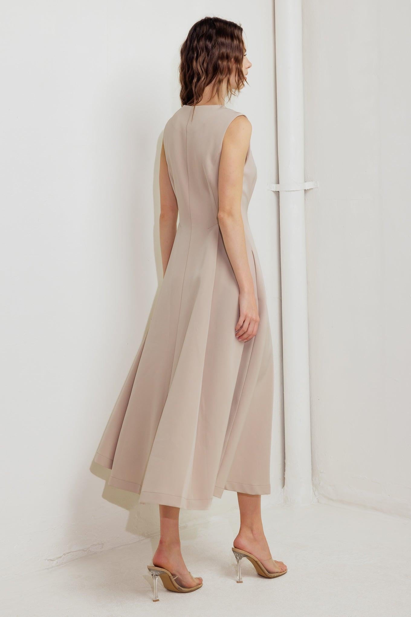 Zip & Flow Woven Midi Dress in light beige, view 2 — Soul Flow Apparel