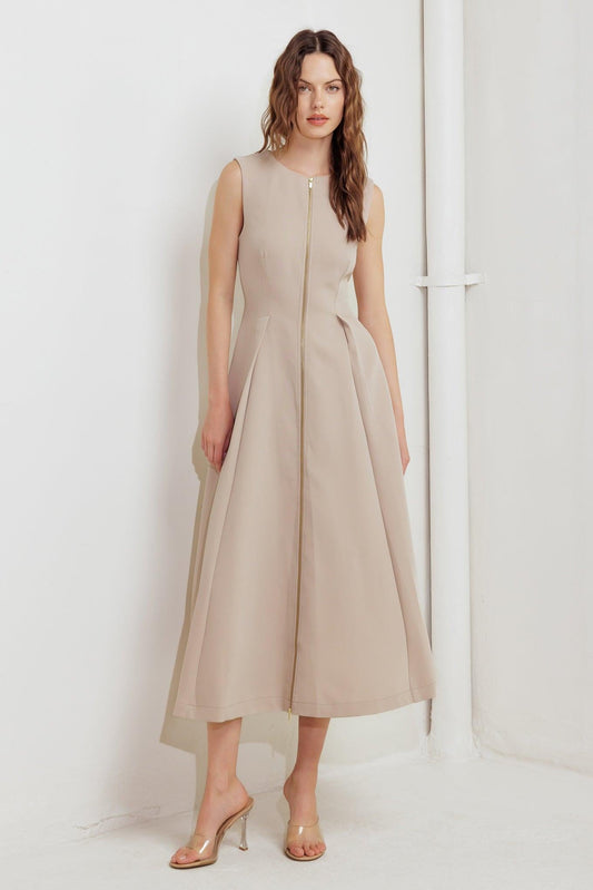 Zip & Flow Woven Midi Dress in light beige, view 3 — Soul Flow Apparel