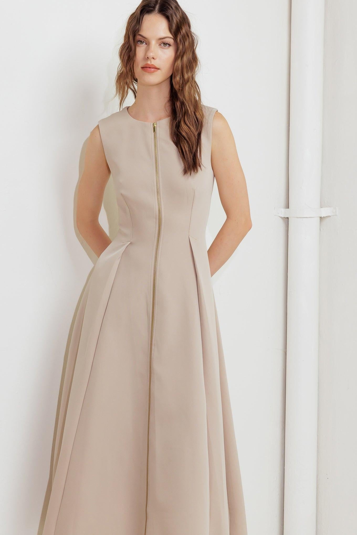 Zip & Flow Woven Midi Dress in light beige, view 4 — Soul Flow Apparel