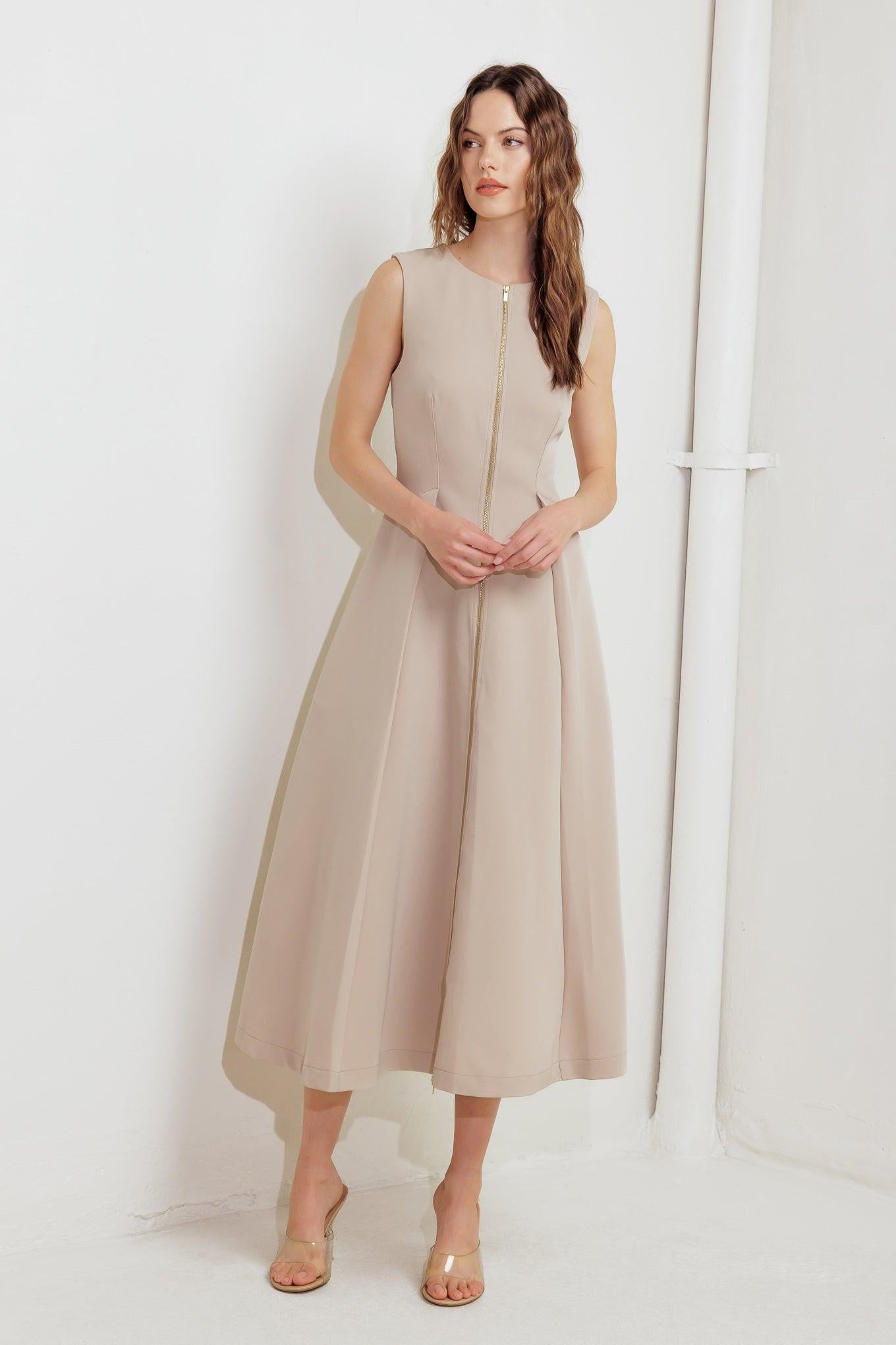 Zip & Flow Woven Midi Dress in light beige, view 5 — Soul Flow Apparel