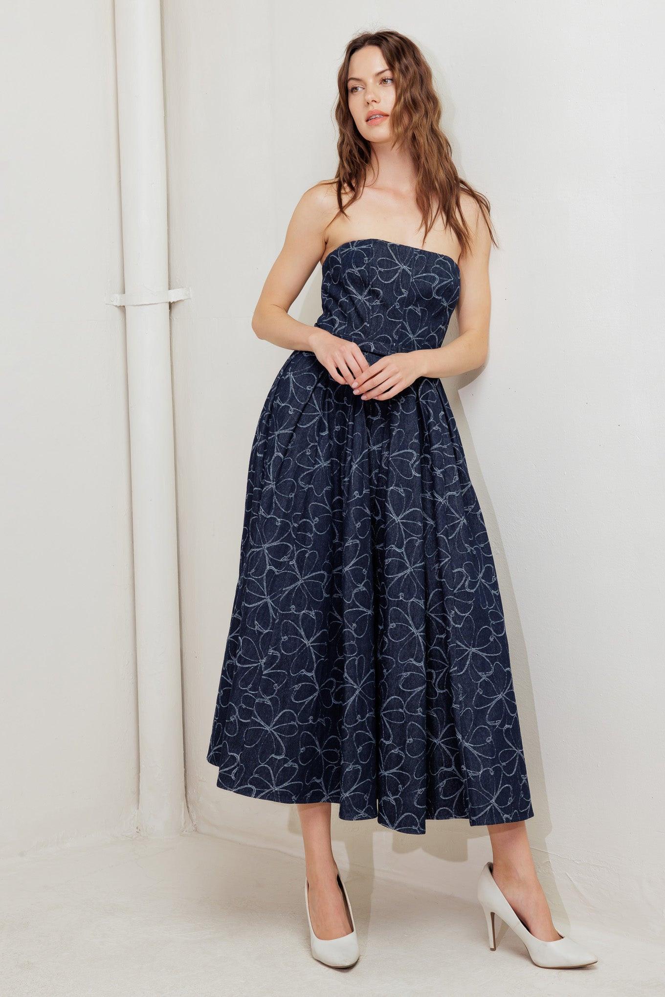 Moondust Garden Denim Midi Dress, view 4 — Soul Flow Apparel