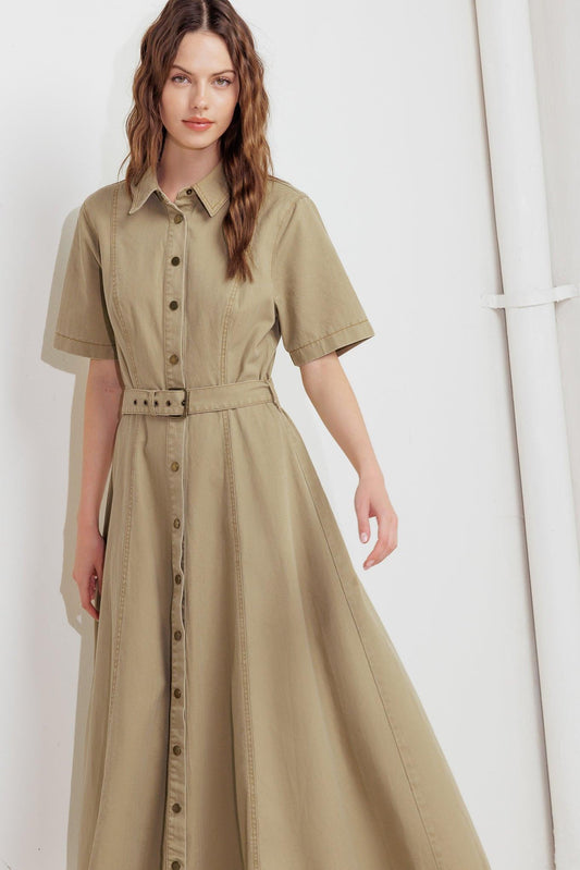 Terracotta Trail Woven Midi Dress in khaki, view 2 — Soul Flow Apparel