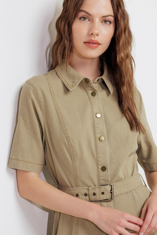 Terracotta Trail Woven Midi Dress in khaki, view 5 — Soul Flow Apparel
