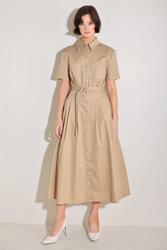Cinched Couture Woven Midi Dress in khaki, view 7 — Soul Flow Apparel