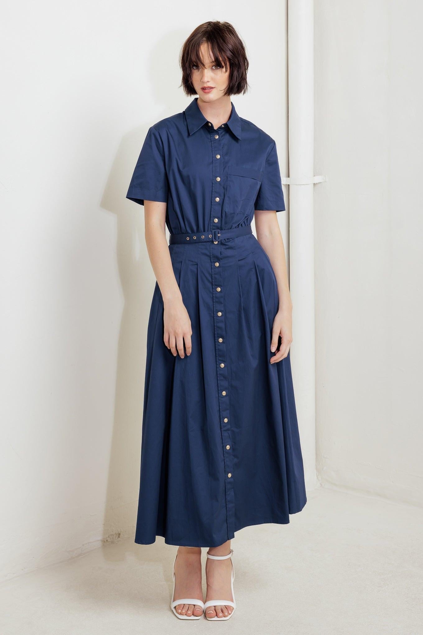 Cinched Couture Woven Midi Dress in navy, view 1 — Soul Flow Apparel