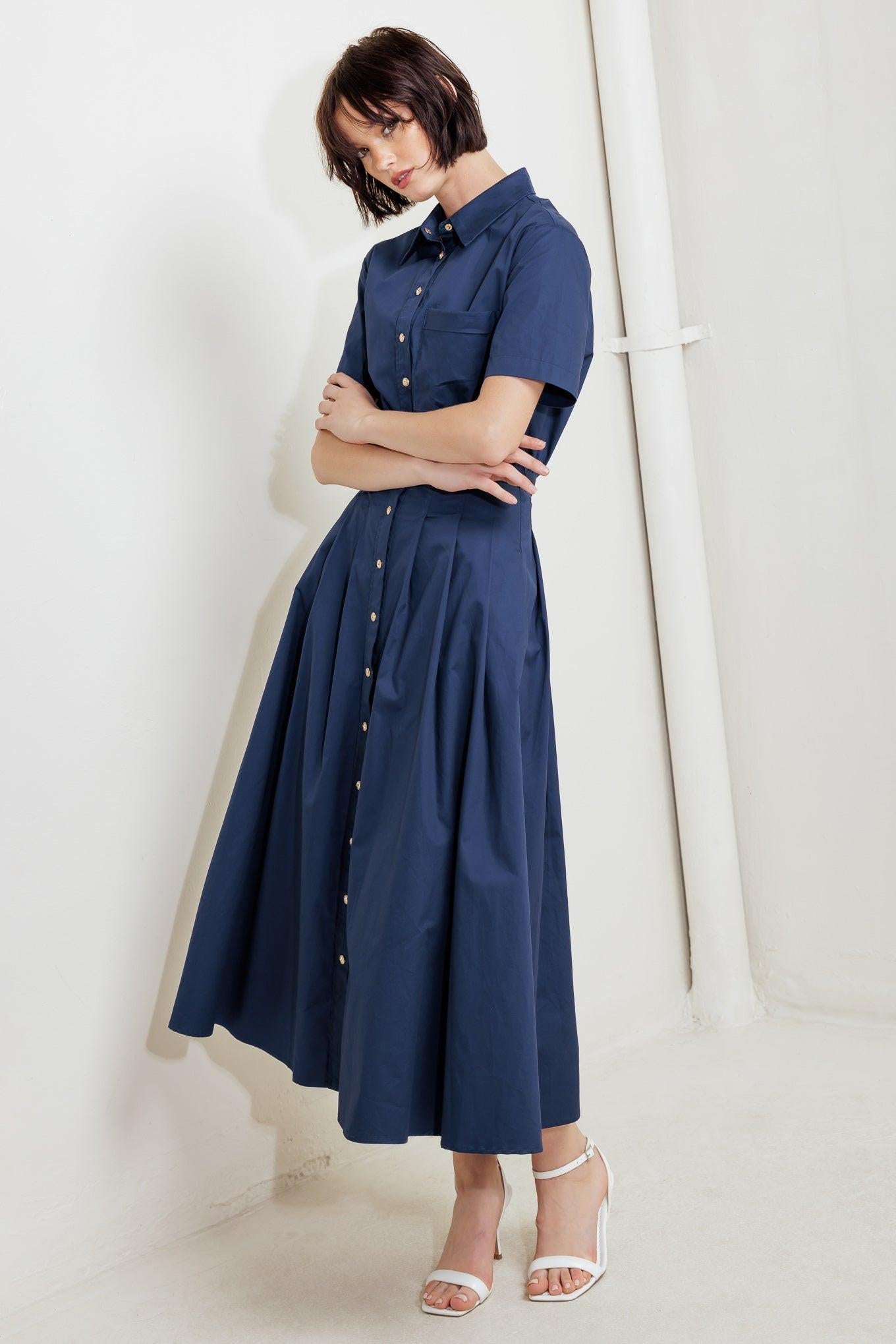 Cinched Couture Woven Midi Dress in navy, view 2 — Soul Flow Apparel