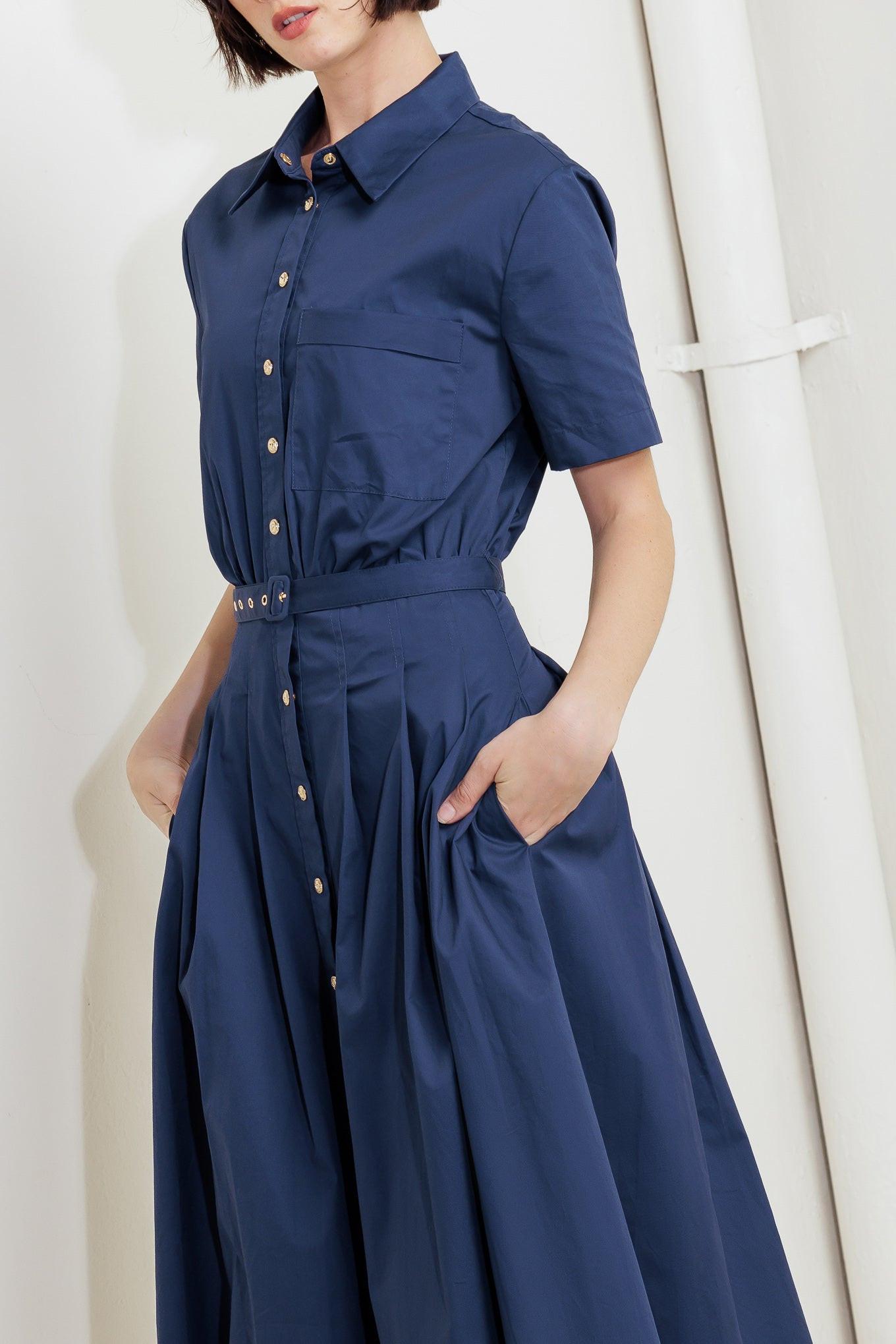Cinched Couture Woven Midi Dress in navy, view 3 — Soul Flow Apparel