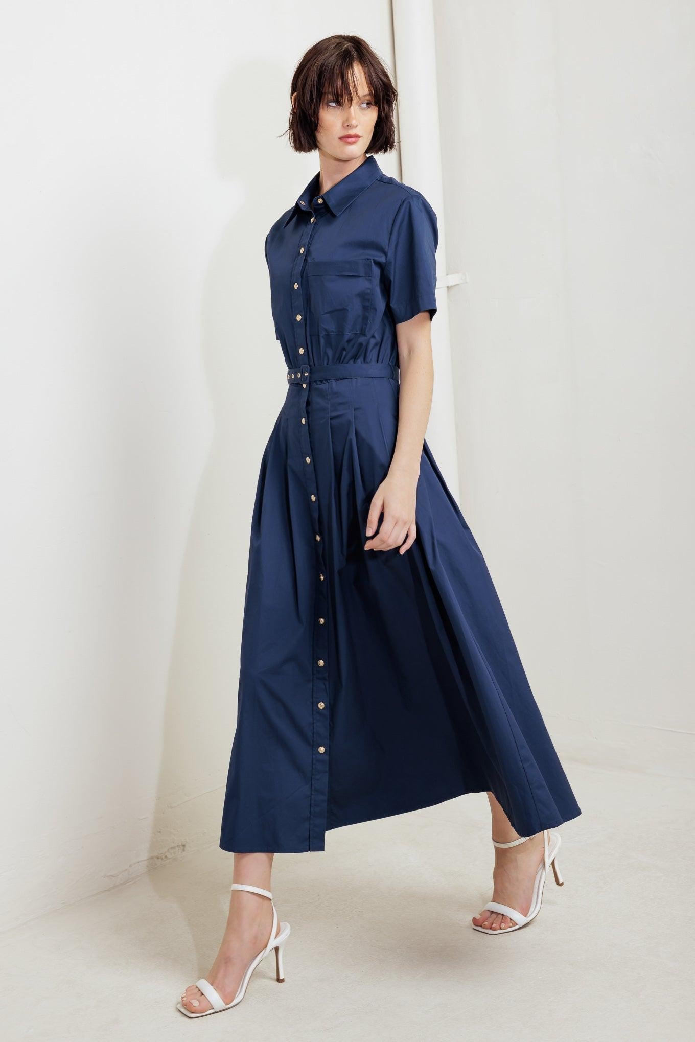 Cinched Couture Woven Midi Dress in navy, view 4 — Soul Flow Apparel