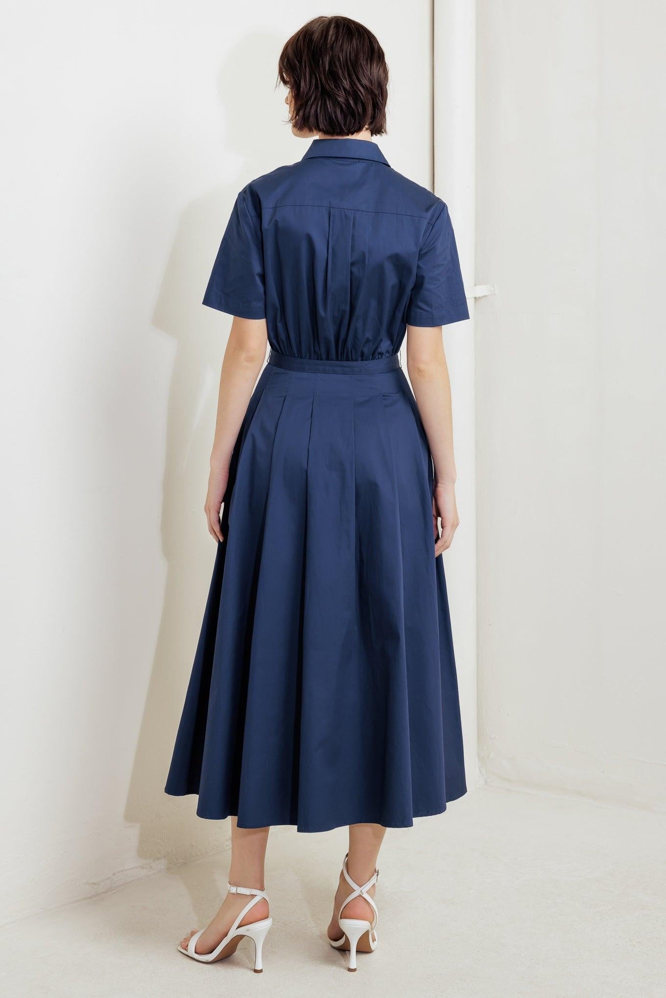 Cinched Couture Woven Midi Dress in navy, view 5 — Soul Flow Apparel