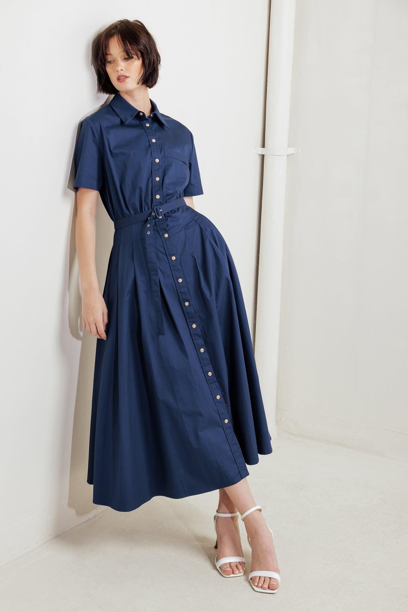 Cinched Couture Woven Midi Dress in navy, view 7 — Soul Flow Apparel