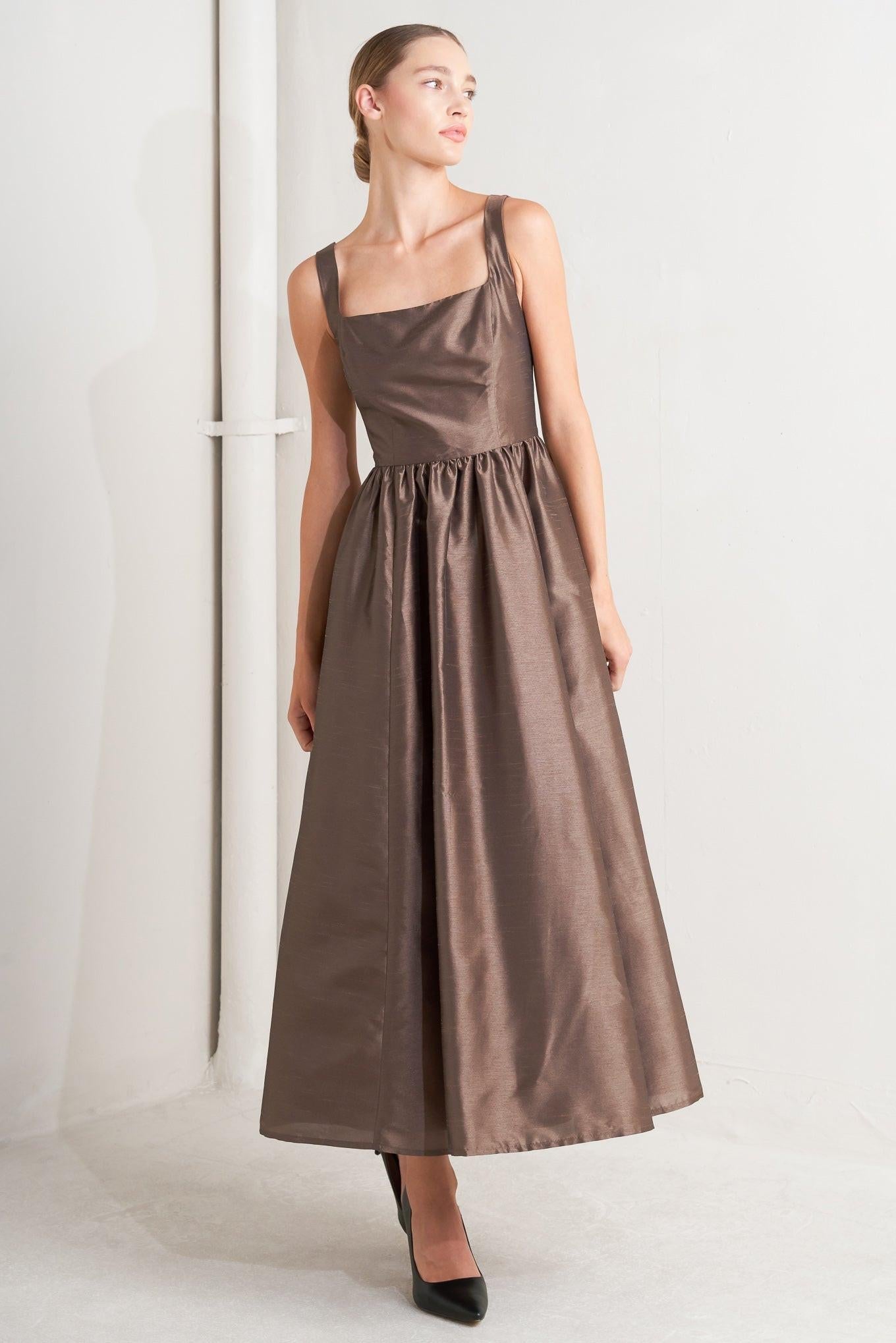 Café Luster Woven Midi Dress in brown, view 1 — Soul Flow Apparel