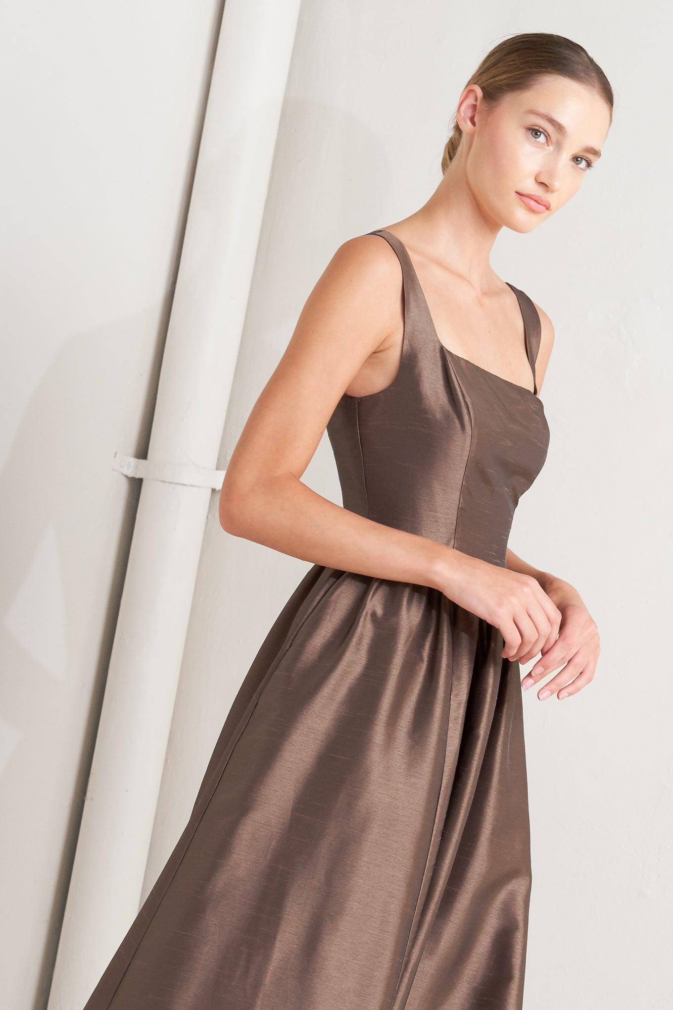 Café Luster Woven Midi Dress in brown, view 5 — Soul Flow Apparel