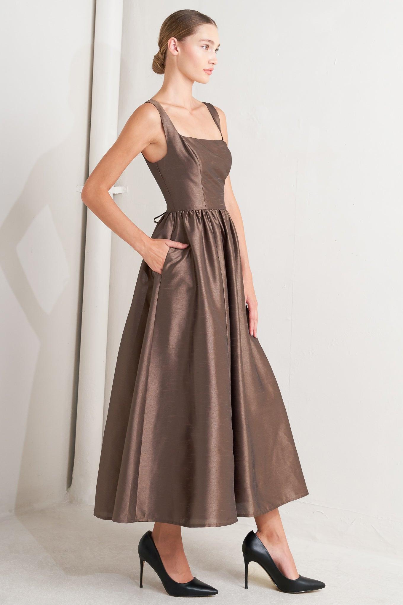 Café Luster Woven Midi Dress in brown, view 6 — Soul Flow Apparel