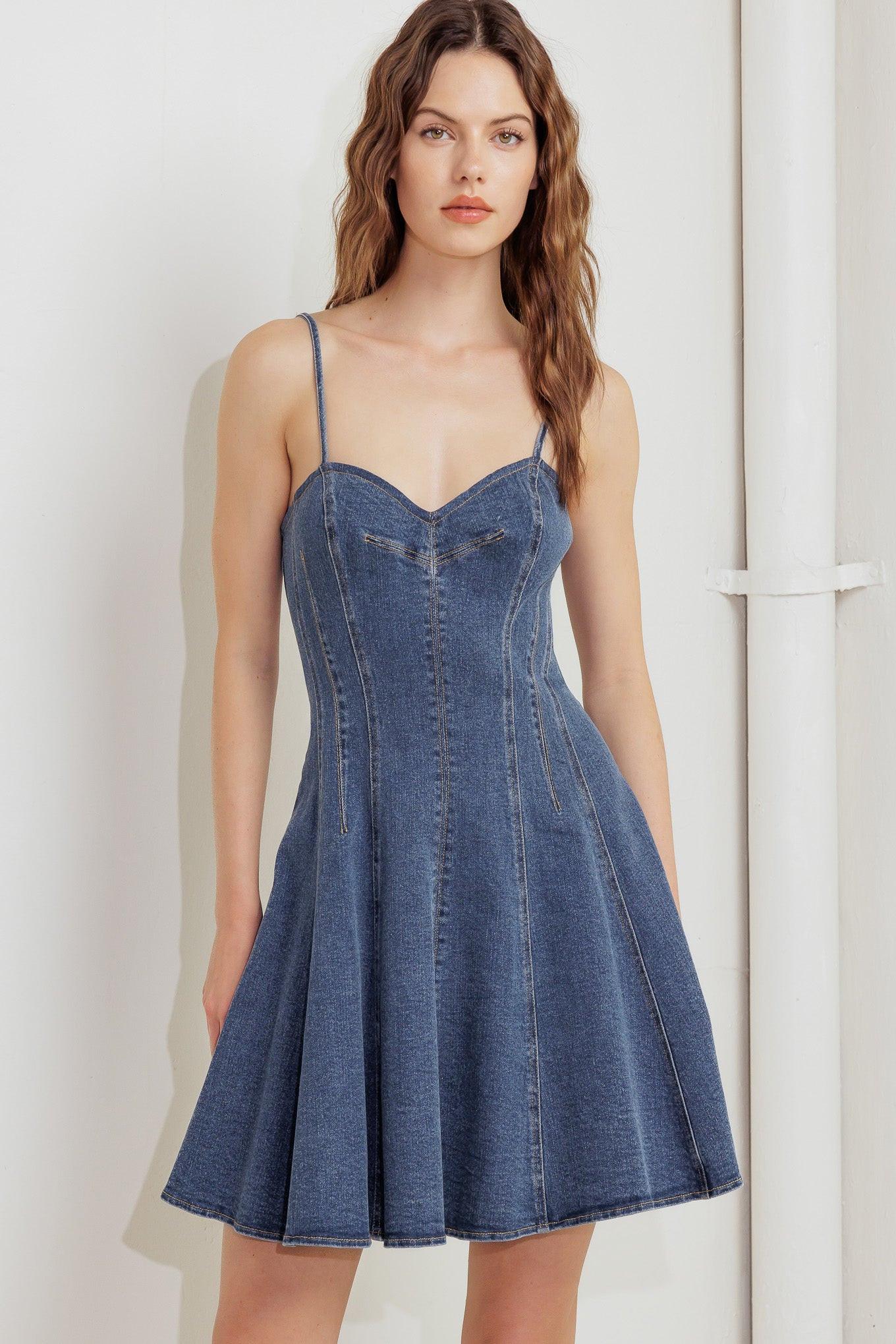 Weekend Command Denim Mini Dress in blue, view 1 — Soul Flow Apparel