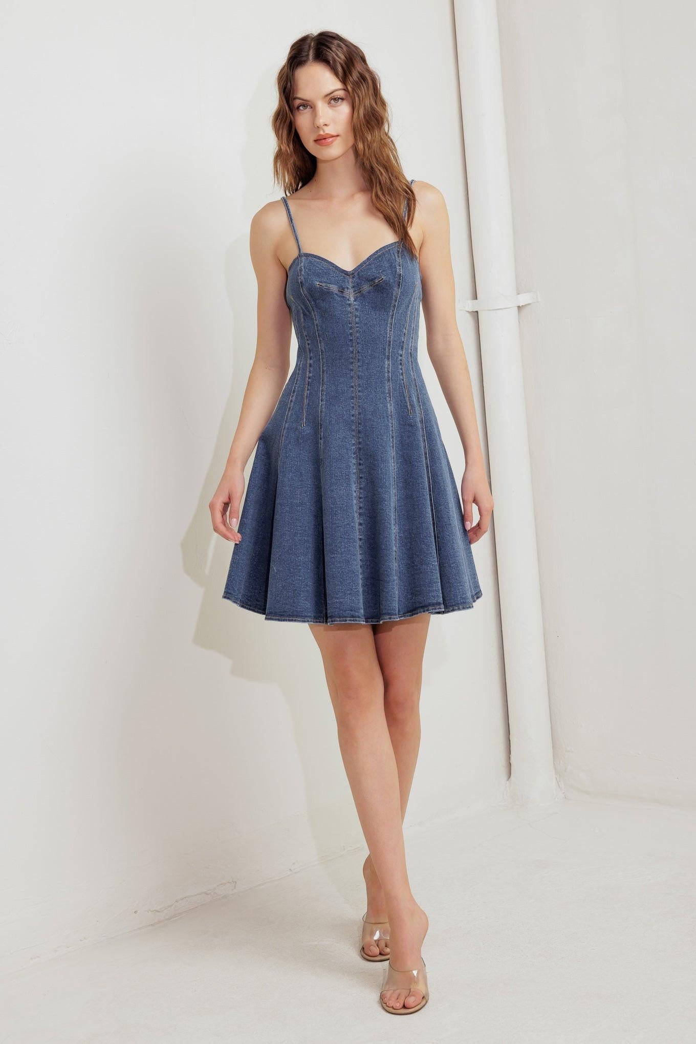 Weekend Command Denim Mini Dress in blue, view 2 — Soul Flow Apparel