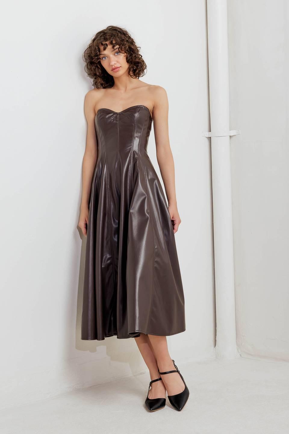 Espresso Diva Faux Leather Midi Dress in chocolate, view 1 — Soul Flow Apparel