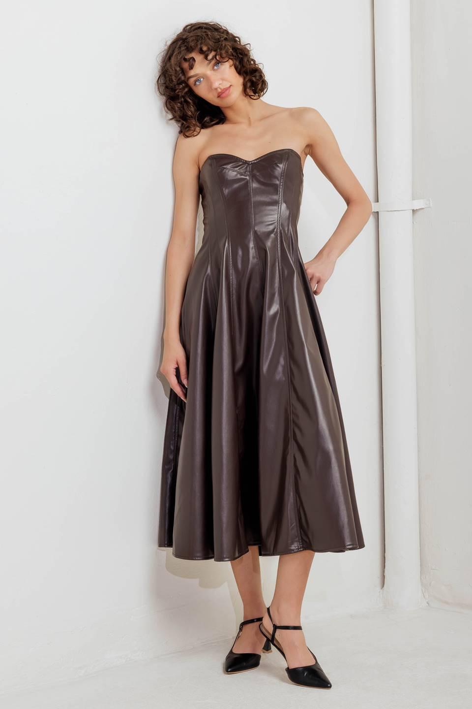 Espresso Diva Faux Leather Midi Dress in chocolate, view 2 — Soul Flow Apparel