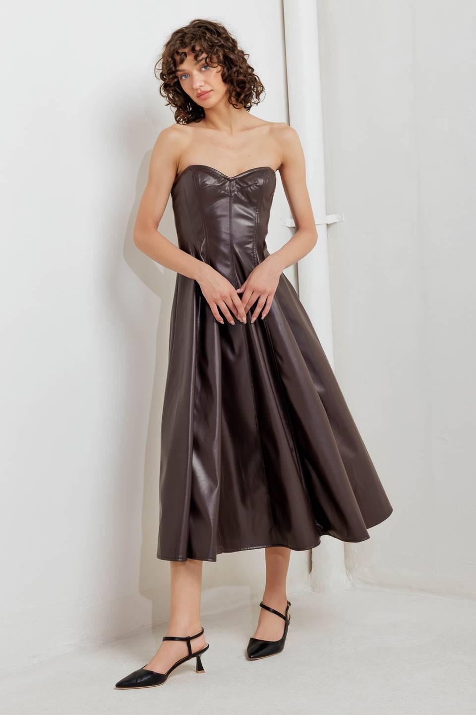 Espresso Diva Faux Leather Midi Dress in chocolate, view 3 — Soul Flow Apparel