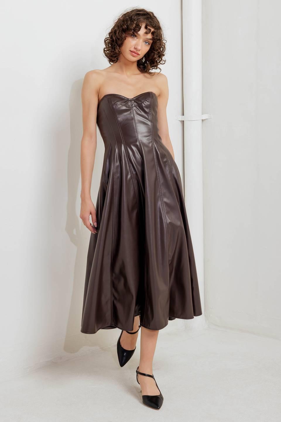 Espresso Diva Faux Leather Midi Dress in chocolate, view 4 — Soul Flow Apparel