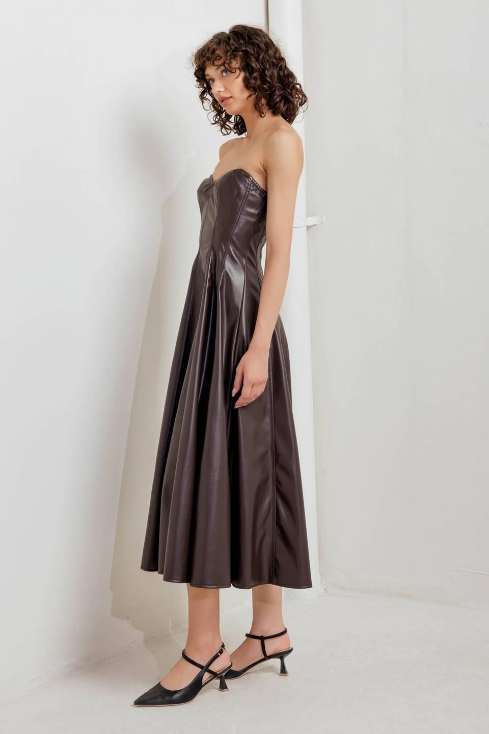 Espresso Diva Faux Leather Midi Dress in chocolate, view 6 — Soul Flow Apparel