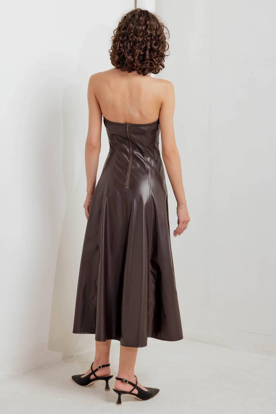 Espresso Diva Faux Leather Midi Dress in chocolate, view 7 — Soul Flow Apparel