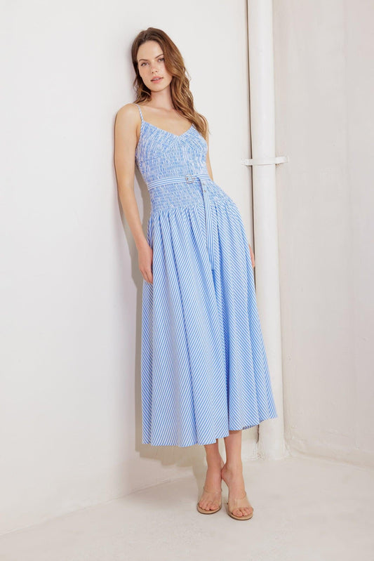 City Breeze Woven Midi Dress in blue white, view 1 — Soul Flow Apparel